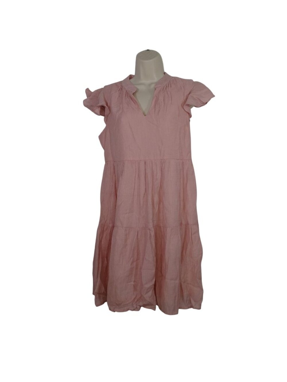 CY Fashion Tiered Babydoll Dress Women Size S Pink Ruffled Cap Sleeve Crinkle